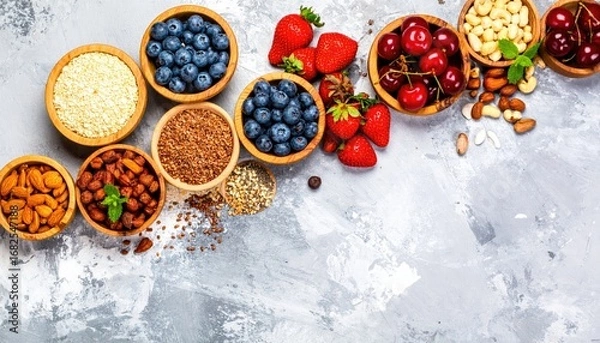 Fototapeta An aerial arrangement of small wooden bowls containing colorful fruits, grains, and nuts, spread across a textured grey surface