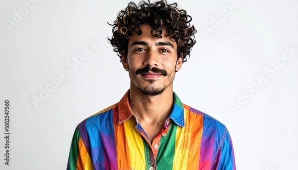 Fototapeta A young man with curly dark hair and a mustache smiles in front of a white backdrop, wearing a shirt with bright rainbow vertical stripes