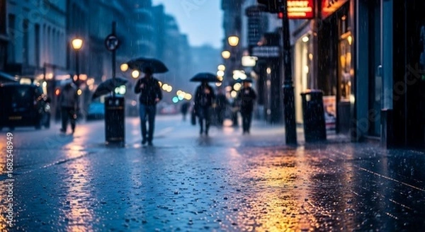 Obraz People with umbrellas walking on a wet city street at night