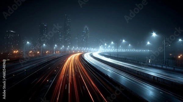 Fototapeta Futuristic smart city highway with neon lights and gradient sky background, symbolizing modern mobility, urban transport, sustainable travel and innovative technology concepts.