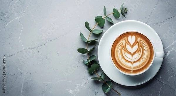 Obraz Aesthetic coffee with latte art and eucalyptus leaves on marble