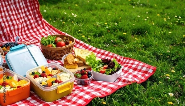 Fototapeta Sunny picnic scene on grass. Red and white checkered blanket with containers of fruit, salad, and sandwiches. Outdoor setting with vibrant colors