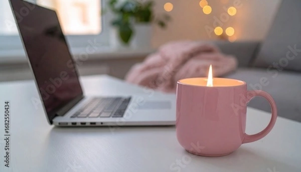 Fototapeta Cozy workspace pink candle-filled mug, laptop, blurred couch and window, soft light. Relaxing, inviting, and warm