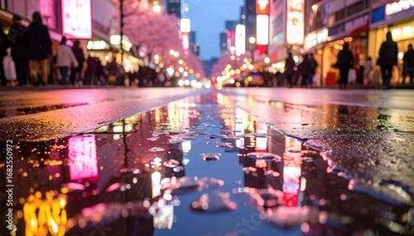 Fototapeta City street reflection after rain people walk past glowing signs while buildings shimmer in the puddles. Cherry blossoms add a touch of spring