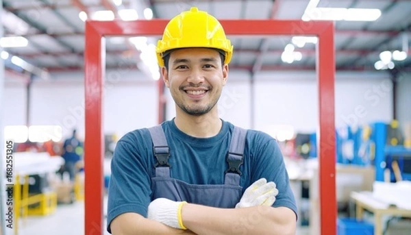 Fototapeta Smiling worker in hard hat and overalls, standing with arms crossed in a bright factory. A red frame sits behind him