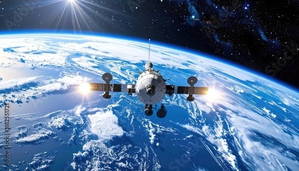 Fototapeta A satellite orbits Earth against a backdrop of bright sunlight, cosmic dust, and vibrant blues and whites