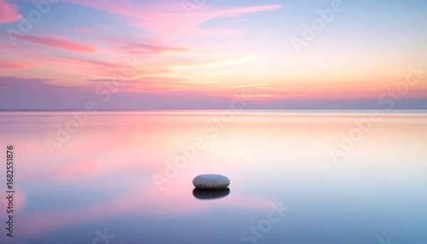 Fototapeta Smooth stone sits in still water reflecting a soft, colorful sunset with pink and peach hues in the sky above the calm horizon