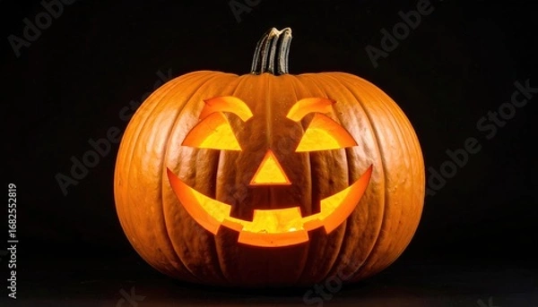 Fototapeta Carved orange pumpkin illuminated from within, featuring a classic jack-o'-lantern face with a triangle nose and smiling mouth on a stark black background
