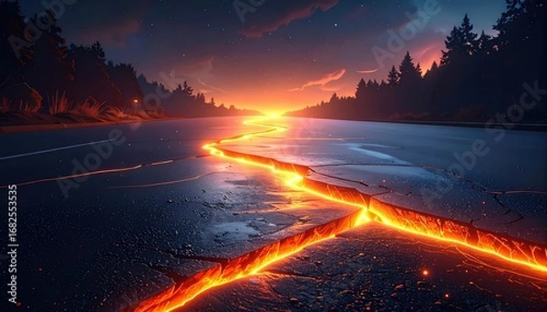 Fototapeta Cracked asphalt road illuminated by fiery fissures under a twilight sky, flanked by silhouetted trees, emitting an otherworldly glow into the landscape