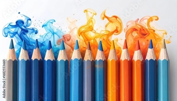 Fototapeta A row of blue-to-orange pencils are arranged in front of swirls of vibrant, corresponding colored smoke on a white background