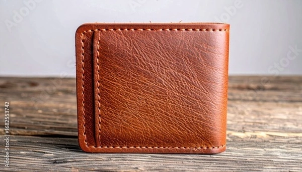 Fototapeta A brown leather wallet sits on rustic wooden planks, bathed in soft light. The wallet showcases fine stitching and textured leather