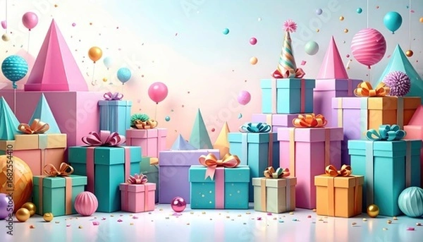 Fototapeta An array of pastel-colored wrapped gifts & orbs amidst confetti, with triangular shapes against a gradient background, evoking a celebratory atmosphere