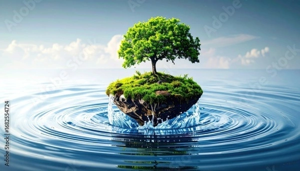 Fototapeta Small, rocky island with vibrant green grass & a lone tree floating in a calm body of water under a slightly cloudy, bright sky