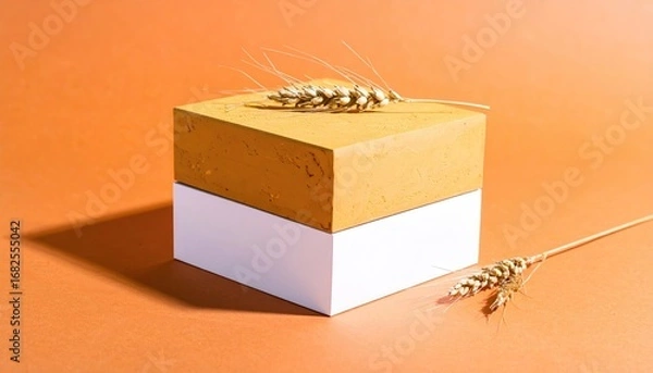 Fototapeta Abstract still life a two-tiered block (yellow atop white) is adorned with dried wheat on orange backdrop, creating a minimalist, rustic composition