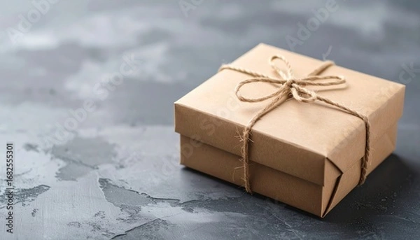 Fototapeta Gift in a brown box tied with string, centered on a textured gray surface. Rustic, minimalist aesthetic. Soft lighting and focus on the package