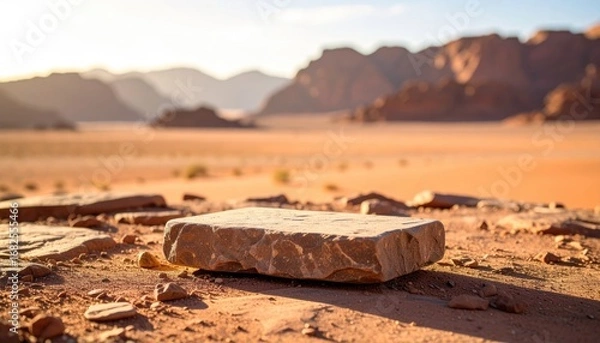 Fototapeta Sunny desert scene with focus on flat rock, desert mountains in background. Natural light. Warm colors. Simple, calm scene. Textural elements