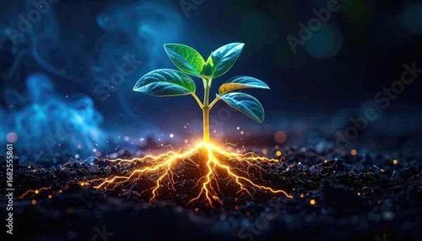 Fototapeta A small plant sprout emerging from soil, bathed in ethereal light with glowing roots and a hazy blue aura against a dark backdrop