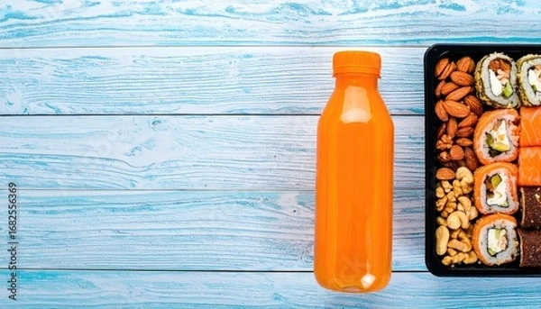 Fototapeta Overhead view of sushi and almonds in a black container with a bright orange juice bottle on light blue wood planks