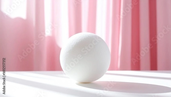 Fototapeta A white sphere sits on a white surface against a backdrop of pink striped fabric, basking in the light. Minimalist composition