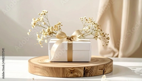 Fototapeta Gift box with golden ribbon atop wood slice, adorned with delicate white wildflowers, against a draped background in neutral tones, bathed in soft light