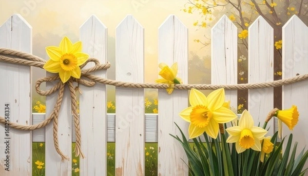 Fototapeta Cheerful scene of daffodils adorning a white picket fence, tied with rustic rope. Soft pastel hues evoke spring's charm in a gentle, sunlit outdoor setting