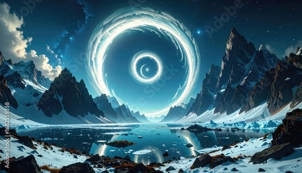 Fototapeta A serene landscape with jagged mountains surrounding a glacial lake, illuminated by a celestial, swirling vortex in the sky
