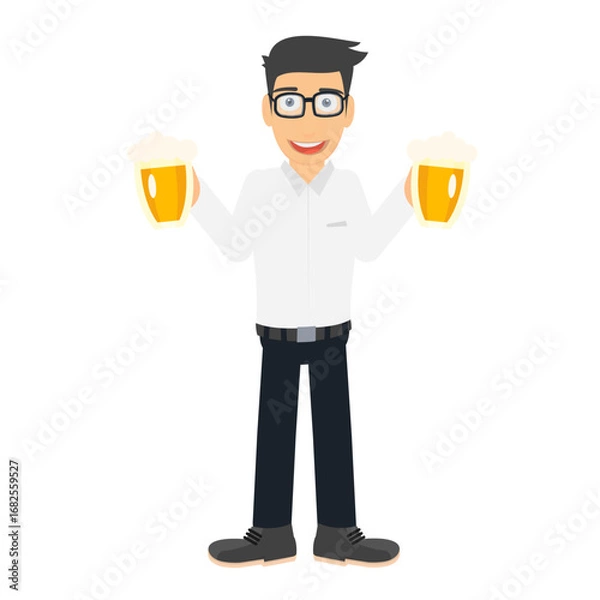 Fototapeta A smiling man with beer glasses. A man with a drink, vector illustration