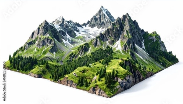 Fototapeta Isometric view showcasing majestic mountain range with snowy peaks, lush green valleys, dense pine forests, on a white background with realistic lighting