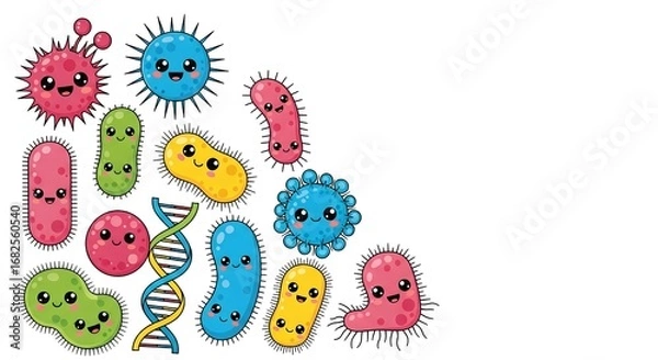 Fototapeta Set of adorable kawaii germ characters. Cute cartoon bacteria, viruses, and microbe illustrations with friendly faces and a DNA helix