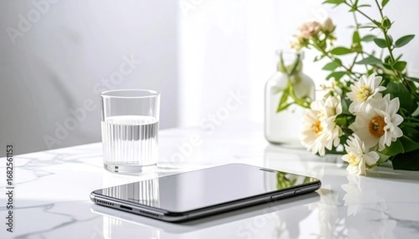 Fototapeta Minimalist desk scene a phone, clear glass of water, and flowers in a vase on a white marble surface. Bright light