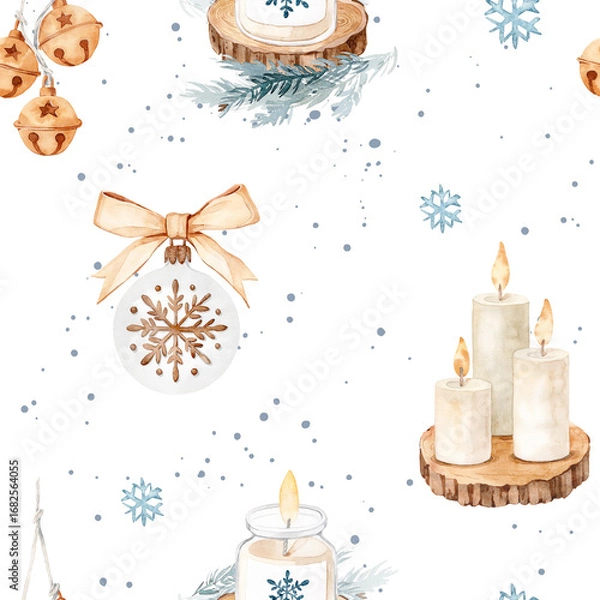 Fototapeta Watercolor Christmas Seamless Pattern with Candles and Ornaments