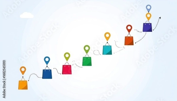 Fototapeta Colorful shopping bags are ascending in a stylized line, each marked with a location pin on a light blue gradient background