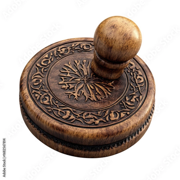 Fototapeta Ornate wooden stamp with intricate carvings and a round handle showcasing craftsmanship and vintage design perfect for crafts on transparent background