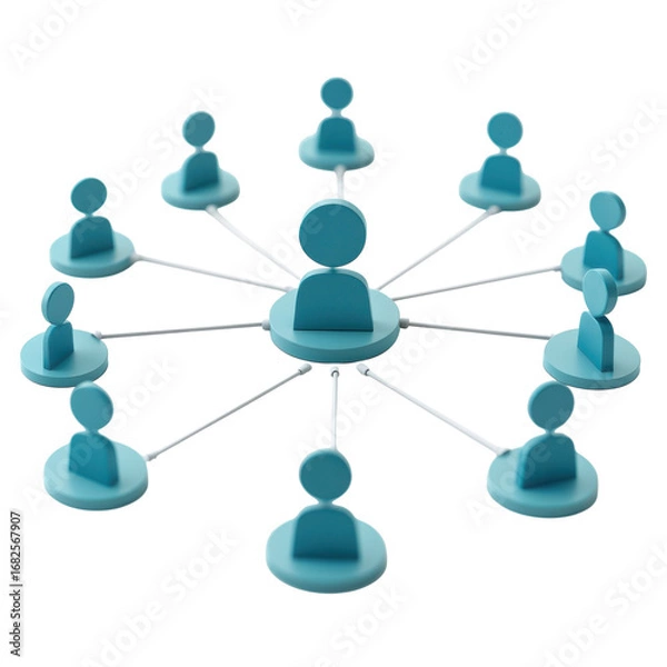 Fototapeta 3d render of a network connection with central node and multiple connected users illustrating social media communication and organizational structure on transparent background