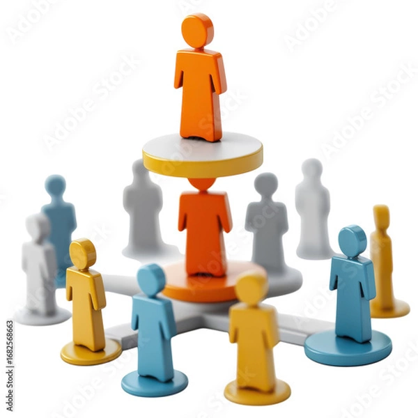 Fototapeta Hierarchical structure with stylized figures representing leadership and teamwork in an organization demonstrating levels of management and collaboration on transparent background