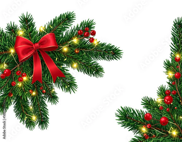 Fototapeta Firefly_Christmas decoration - Firefly_Christmas tree border with green fir branches, red bow, berries and gold lights isola  (2)