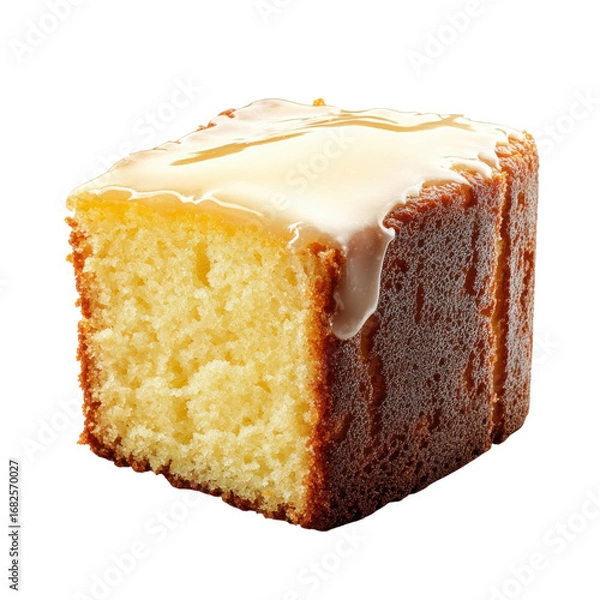 Fototapeta Delicious lemon drizzle cake slice with a glossy icing perfect for dessert or afternoon tea showcasing its texture and flavor on transparent background