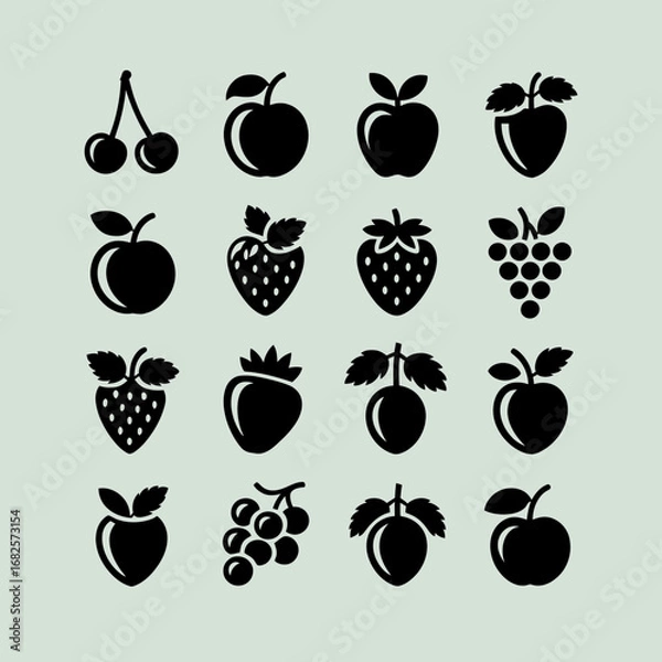 Fototapeta Collection of Black Fruit Icons Vector Illustration Featuring Cherries Apples Strawberries Grapes Plums and Peaches Perfect for Design