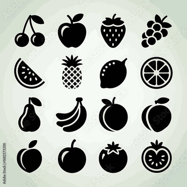 Fototapeta Collection of Various Fruit Silhouettes Cherry Apple Strawberry Grapes Watermelon Pineapple Lemon Orange Pear Bananas Plum Tomato