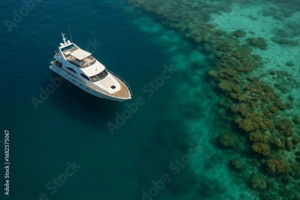 Fototapeta Aerial view of a white modern yacht sailing near a coral reef in crystal clear turquoise water