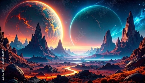 Fototapeta Celestial Duality: Fire and Ice Planets Over a Jagged, Molten Landscape
