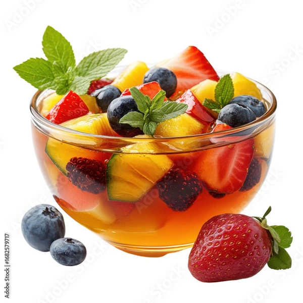 Fototapeta Fresh fruit salad with strawberries blueberries mango and mint in a glass bowl perfect for a healthy dessert or snack on a summer day on transparent background