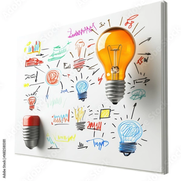Fototapeta Lightbulbs and sketches on a whiteboard represent creative ideas brainstorming and innovative thinking for business education and problemsolving on transparent background