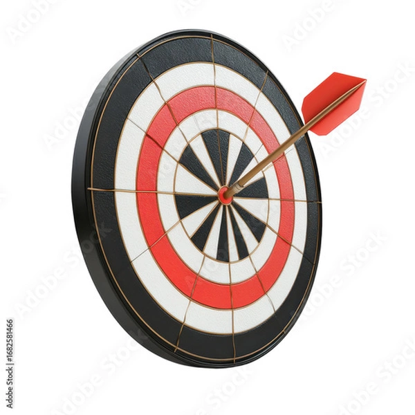 Fototapeta Arrow hits the bullseye on a dartboard with red white and black sections symbolizing success accuracy and achieving goals on transparent background
