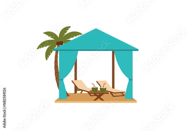 Fototapeta Beach scene with palm cabana loungers table  coconuts