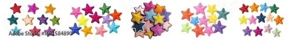 Fototapeta Several colorful star shapes are scattered in varying arrangements on transparent background