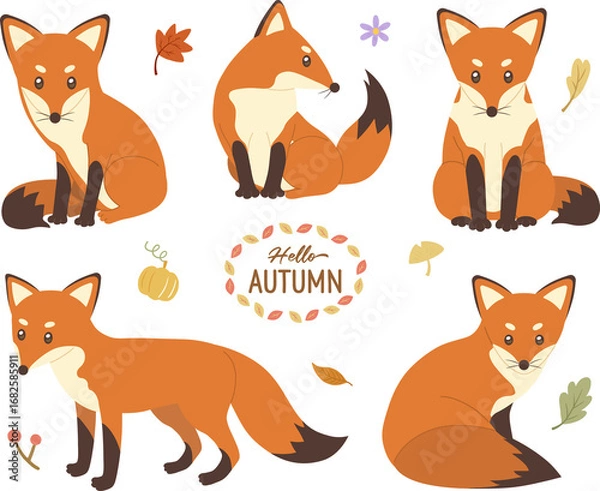 Fototapeta Hello Autumn Foxes Vector Illustration Set