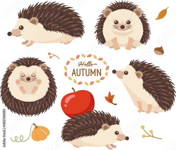 Fototapeta Hello Autumn Hedgehogs Vector Illustration with Apples