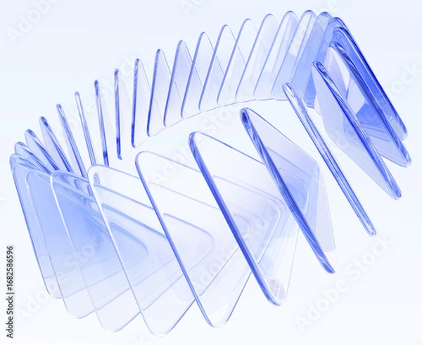 Fototapeta Crystal glossy circle ring of glass transparent triangle plate row with light blue gradient and speed motion effect. Abstract circular line of geometric triangular shapes render. 3D illustration