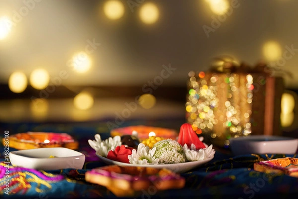 Fototapeta Diwali decorations. Festive table setting with sweets and a sparkling gift box.